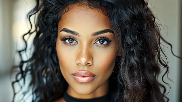 Captivating Portrait: A close-up of a beautiful woman with radiant skin and expressive eyes, her gaze direct and captivating, framed by luxurious, flowing hair.