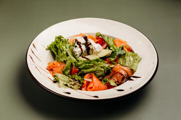 a dish in a restaurant on an olive background