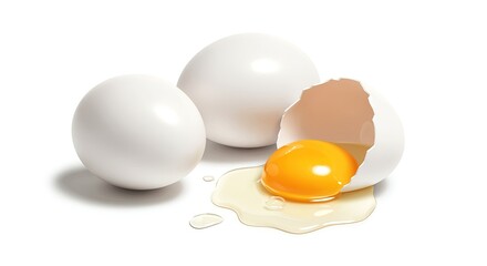 White eggs whole and cracked with yolk on white background healthy food breakfast ingredient protein source