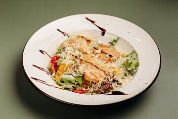 a dish in a restaurant on an olive background