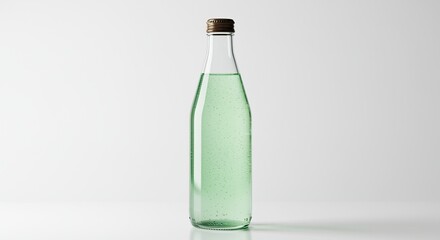 Glass bottle of green liquid mineral water sparkling drink product photography stock image and mockup template