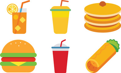 A vector set of fast food icons illustrates delicious meal options like burgers, pizza, coffee, and cake