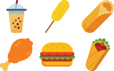 A diverse set of delicious fast food icons featuring burgers, pizza, sandwiches, and desserts, perfect for restaurant designs