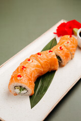 a dish in a restaurant on an olive background