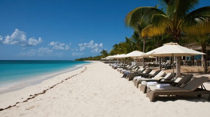 Obraz premium White sand beach with resort lounge setup, umbrellas, and scattered seashells