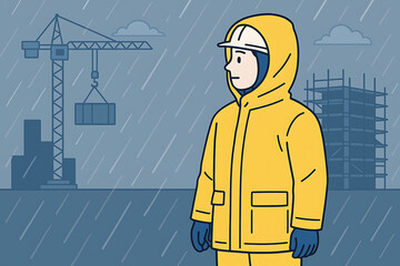 雨天に備えてカッパを着用した建設作業員の現場イラスト