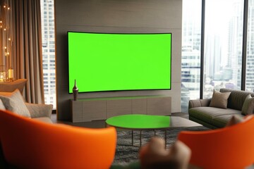  Curved LED TV mockup with green screen in modern living room setting for design and advertising concepts