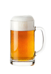 A clear glass mug filled with golden beer and a frothy white head. The background is transparent, highlighting the drink's color and texture.