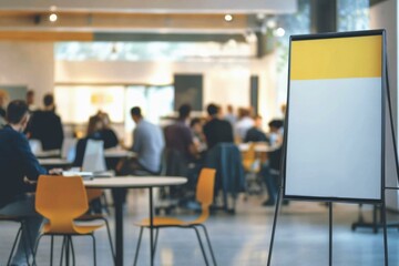  Banner stand mockup in modern coworking space with people working and collaborating in background