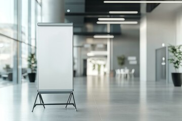  Mockup banner for advertising in modern hotel lobby with natural light and sleek design.