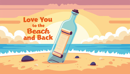 Love letter in a bottle on sandy beach at sunset with waves and colorful sky, sentimental concept of beach vacation or travel agency