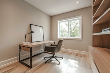 Fototapeta premium Modern empty home office interior with desk, chair, and window view in house for sale, bright space design