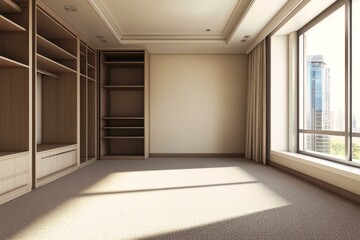  Bright empty room with large window and built-in wooden shelving in modern home interior for sale