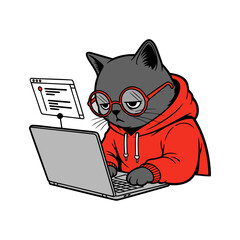 tired cat working on a laptop, software engineer cat, remote job cartoon illustration
