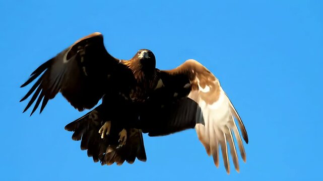 A magnificent eagle ascends through the pristine blue sky: Watch this powerful bird of prey soar gracefully in slow motion, captured in a stunning vertical format.