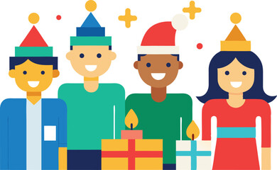 Diverse group of friends celebrating winter holidays together