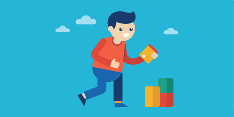 Happy person carrying a box running towards colorful blocks