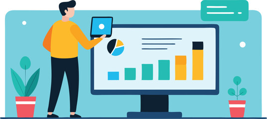 Man presenting business data analytics on computer screen