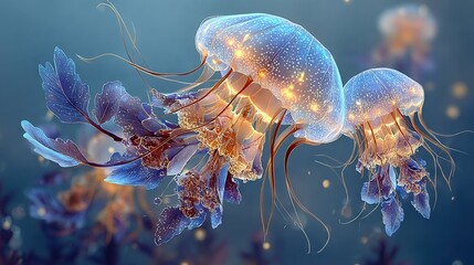 Fototapeta premium A cluster of translucent jellyfish bobbing atop a cerulean sea brimming with multitudes of minute golden and pearly air pockets