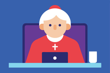 Nun using laptop computer at desk in office