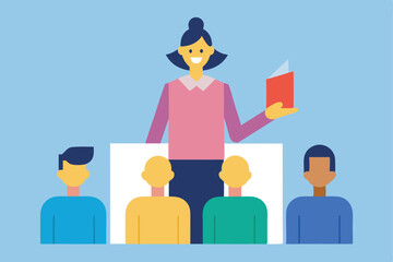 Teacher reading book to diverse group of students classroom education learning