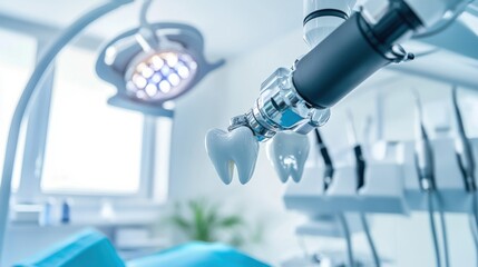 A dentist performing a complex tooth extraction surgery in a well-equipped dental surgery room against a sterile, clinical background, macro shot