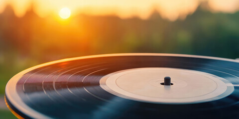 A vinyl record spins on a turntable with a warm sunset in the background. Music nostalgia, retro vibes