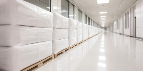 Stacks of large white packages are neatly placed on pallets in a clean, bright hallway. Industrial storage, organization, cleanliness