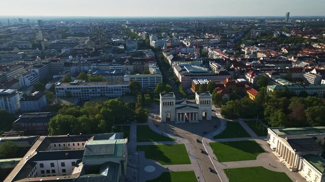 Aerial view of the Propylaea on K&ouml;nigsplatz in Munich, Germany, a neoclassical gate inspired by ancient Greece, part of a historic square. 30 September 2024.