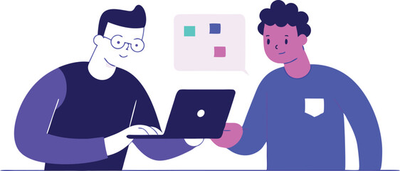 Two colleagues collaborating on a laptop project brainstorming ideas