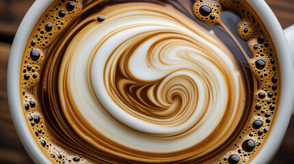 Swirling milk and coffee create a beautiful marbled spiral in a warm cup.