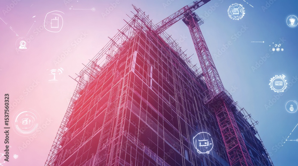 Poster under-construction office tower with predictive analytics and automation icons in view