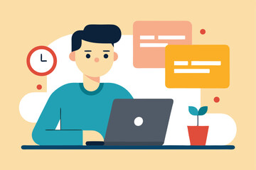 Young man working on laptop with notes and plant