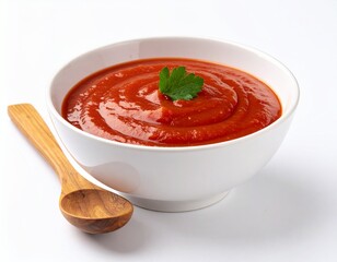 Bol de cerámica blanca con salsa de tomate espesa y cucharón de madera. 