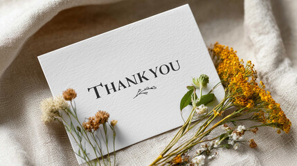 Naklejka premium Thank you card with dried flowers on soft fabric 