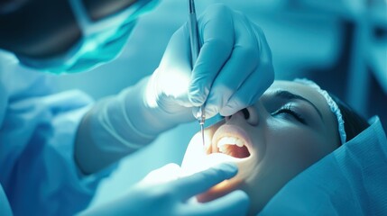 A dentist performing a dental implant surgery on a patient in a state-of-the-art dental clinic against a sterile, clinical background, macro shot