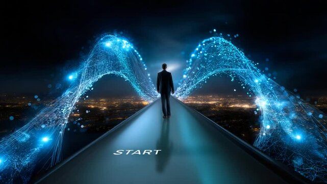 Businessman bridging humanity and technology for a better future, illustrating innovation, digital transformation, leadership, human-centered design and sustainable progress