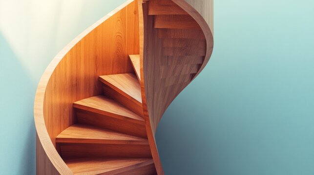 Wooden spiral staircase against a light teal wall - Powered by Adobe