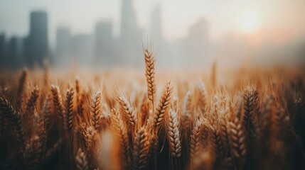 Golden wheat stalks in a field, with a blurred cityscape in the background.