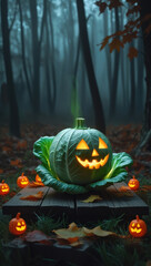 Glowing jack-o'-lantern carved from cabbage on wooden bench in misty forest, whimsical Halloween scene with autumn leaves and eerie atmosphere