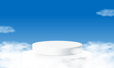 White 3D podium floating in the clouds under a blue sky. Minimalist scene with soft lighting and dreamy atmosphere. Ideal for product display, presentation, or advertisement background. Vector image.