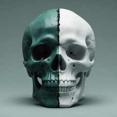 Split human skull with half painted green and half white, conceptual image symbolising contrast, duality, and life versus death themes