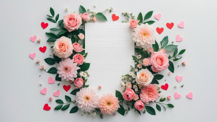 Romantic floral frame with blank space and paper hearts on white background