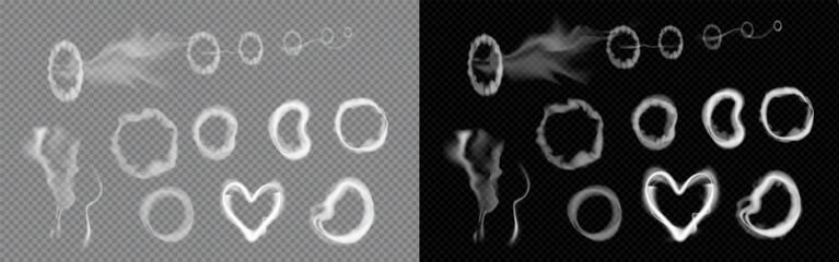 A set of realistic smoke rings and shapes on a transparent background. Includes circle, spiral, heart and distorted shapes, perfect for effects and design. Vector illustration. © loli