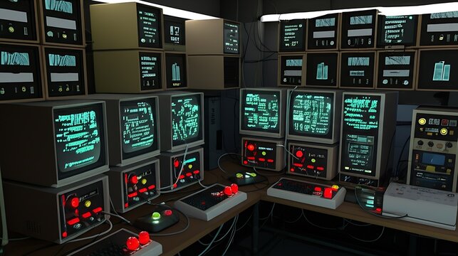 Retro tech lab filled with computers and glowing buttons