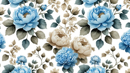 Seamless vintage floral pattern with soft blue and beige peonies on white background
