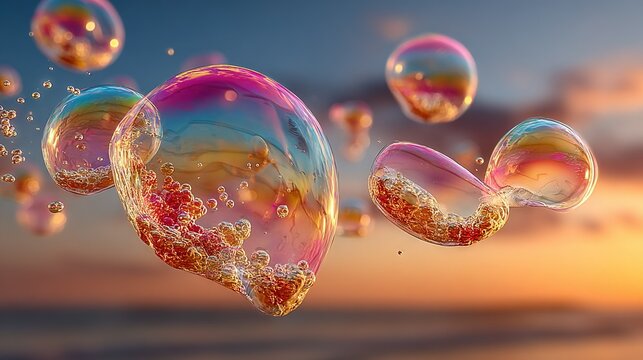   A collection of soap bubbles floating in the sky during sunset with a water body in front