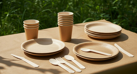 Eco Friendly Picnic Setting Sustainable Wooden Plates Utensils and Cups for Outdoor Gatherings