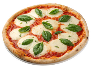 "A whole Margherita pizza with fresh basil leaves, melted mozzarella, and tomato sauce, isolated on a transparent background."generative ai