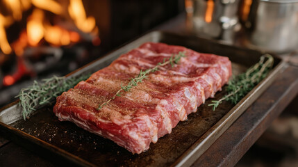 Raw pork ribs coated lightly in a dry rub, ready to be smoked, placed on a metal tray beside a wood-fired grill